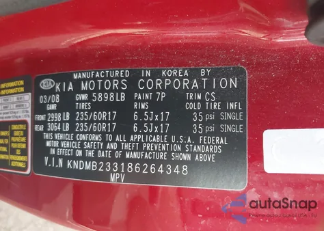 2008 Kia Sedona Ex из США, поврежденный, VIN KNDMB233186264348